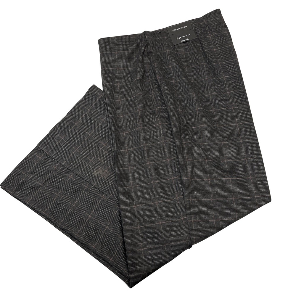 Jones Pants Black Plaid Pull On Wide Leg Ponte Knit 1X Office Career Comfort